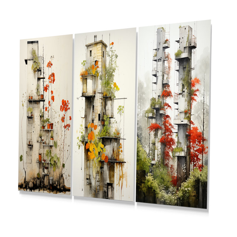 Minimalisme botanique jungle tours II - ensemble de 3 reproductions d'art en métal, H 28 po x l 36 po