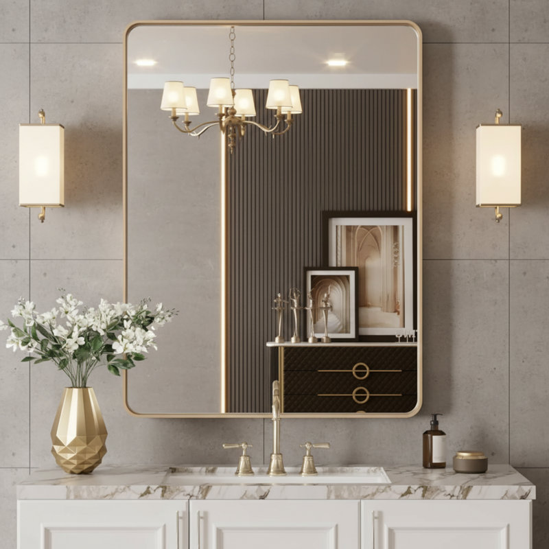 Miroir de salle de bain rond arrondi en or brossé, résistant à la rouille et durable, à fixer au mur (horizontal et vertical).