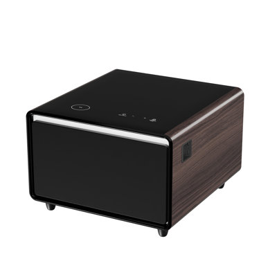 Modern Smart Side Table with Built-in Fridge, Wireless Charging, Temperature Control, Power Socket, USB Ports, Outlet Protection, Induction Light, Brown