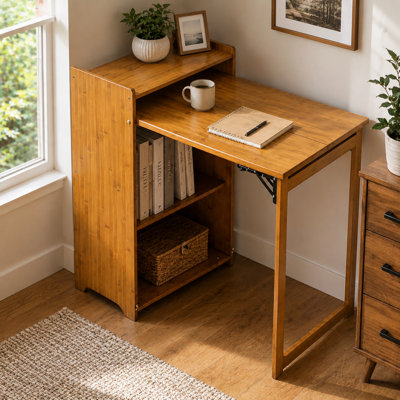 Bureau d'ordinateur pliable en bambou avec armoire de rangement cachée et prises de courant