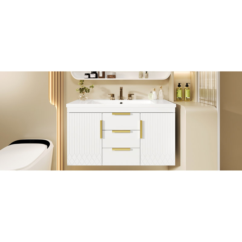 Meuble-lavabo moderne de 36 po avec lavabo en résine, rangement flottant mural, charnières, meuble-lavabo facile à assembler, armoire 2 tiroirs, assemblage