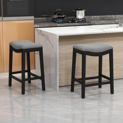 Bar Stools Set of 2, 27" Backless Counter Height Barstools – Farmhouse Wooden Legs with Hand-Brushed Finish & Nailhead Saddle Seat, Upholstered in Gray Linen with Black Leg