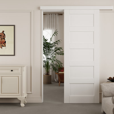Ready-To-Install White Primed 5-Panel Barn Door With Hidden Track System Installation Hardware Kit