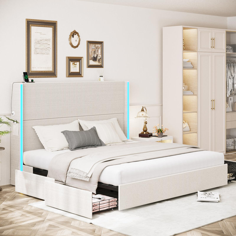 White Queen Upholstered Bed Frame with 4 Storage Drawers and LED Lights