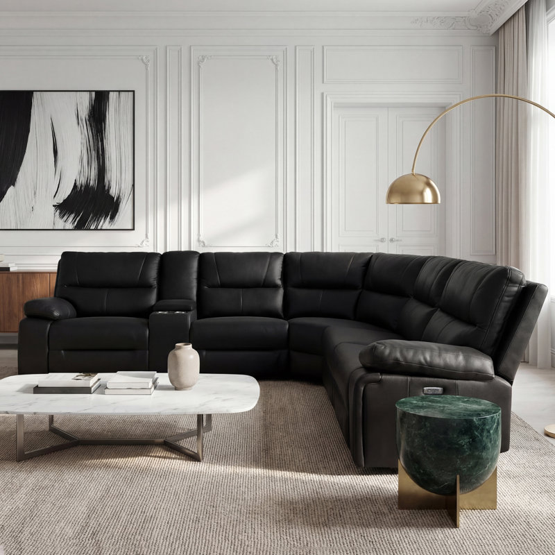 Aylinne Upholstered Power Reclining L-Shaped Sectional Right Hand Facing, Coal Black Top Grain Leather