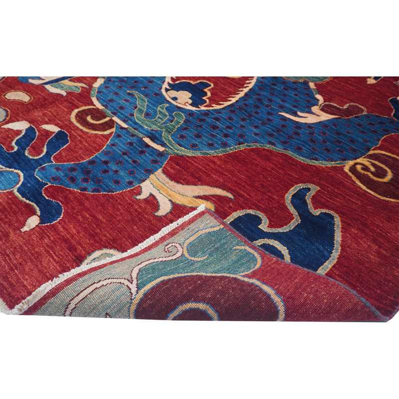 Tapis unique bleu, rouge, beige et vert clair de 7 pi 10 po x 10 pi One-of-a-Kind