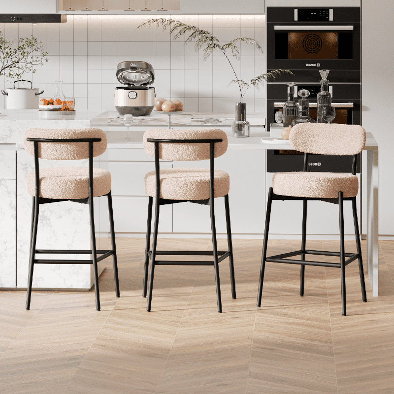 Sherpa Counter Height Bar Stools Set of 3 Modern Upholstered Barstools with Curved Open Back/Round Seat Boucle Comfortable Bar Chairs for Kitchen Island, 24.6 Inch
