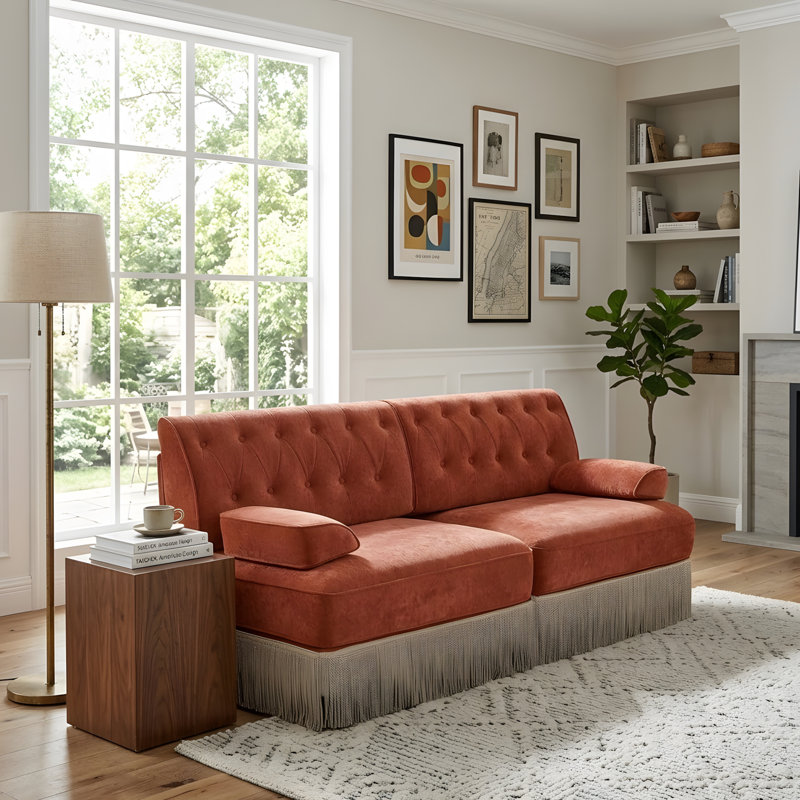 Canapé de style Chesterfield, H 34,18 po x l 76,58 po x P 33,78 po, Rouge