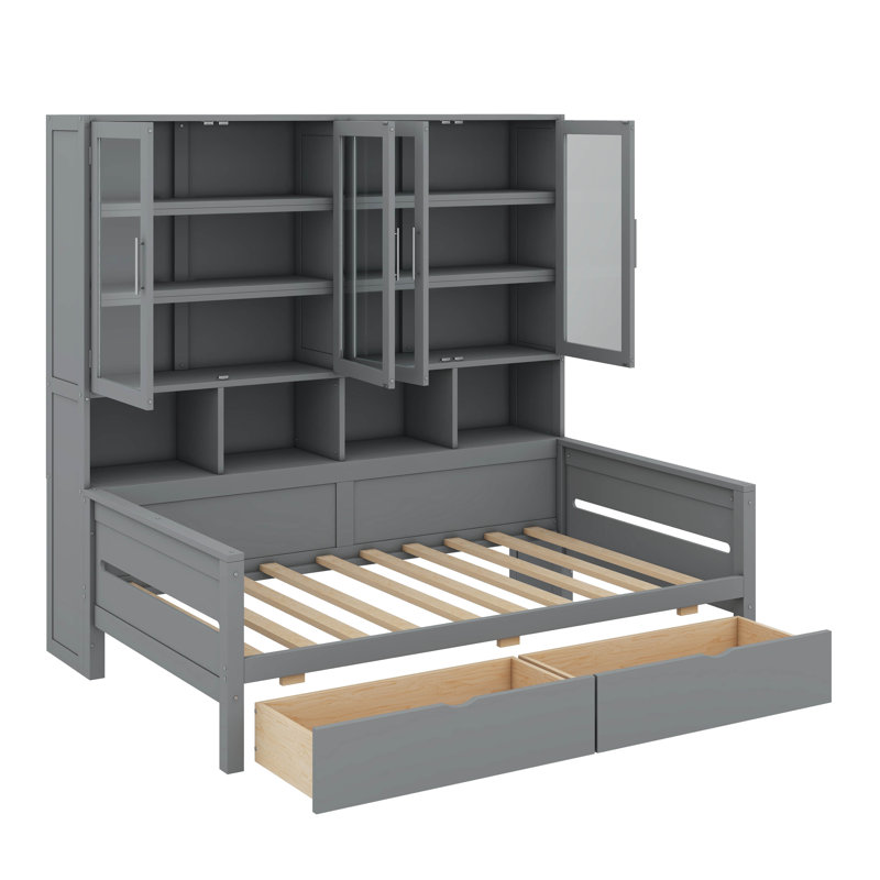 Lit de jour simple en bois avec armoires de rangement à portes vitrées, DEL et tablettes, Gris