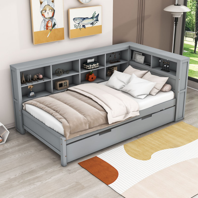 Lit de jour en bois avec lit gigogne Kovan, Gris, Lit simple