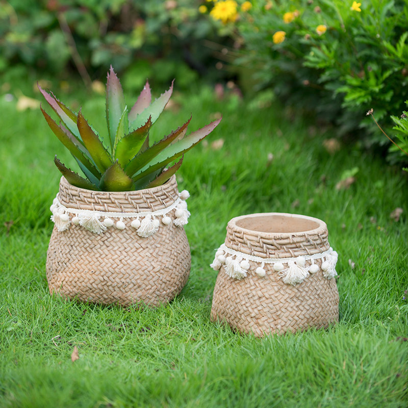 Set of 2 6.5x6.5x6" Brown Cement Planter with Woven Tassel Accent