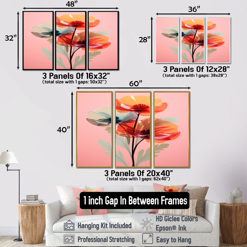 «Etting - Poppy», ensemble de reproductions d'art mural, Cadre flottant doré, H 28 po x l 36 po x P 1 po