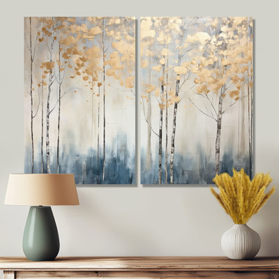 Minimalism Blue And Gold Forest II - Landscapes Forest Wall Art 2-Panels