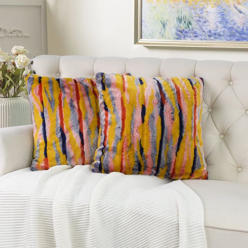 Multi Jacquard Faux Fur Euro Pillow Cover, 20" x 20", Orange