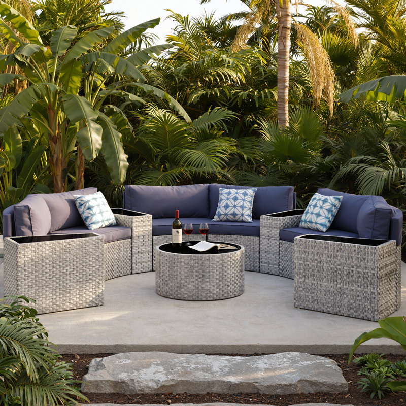 6 - Person Fully Assembled Curved Patio Conversation Set With Side Table, No, Navy