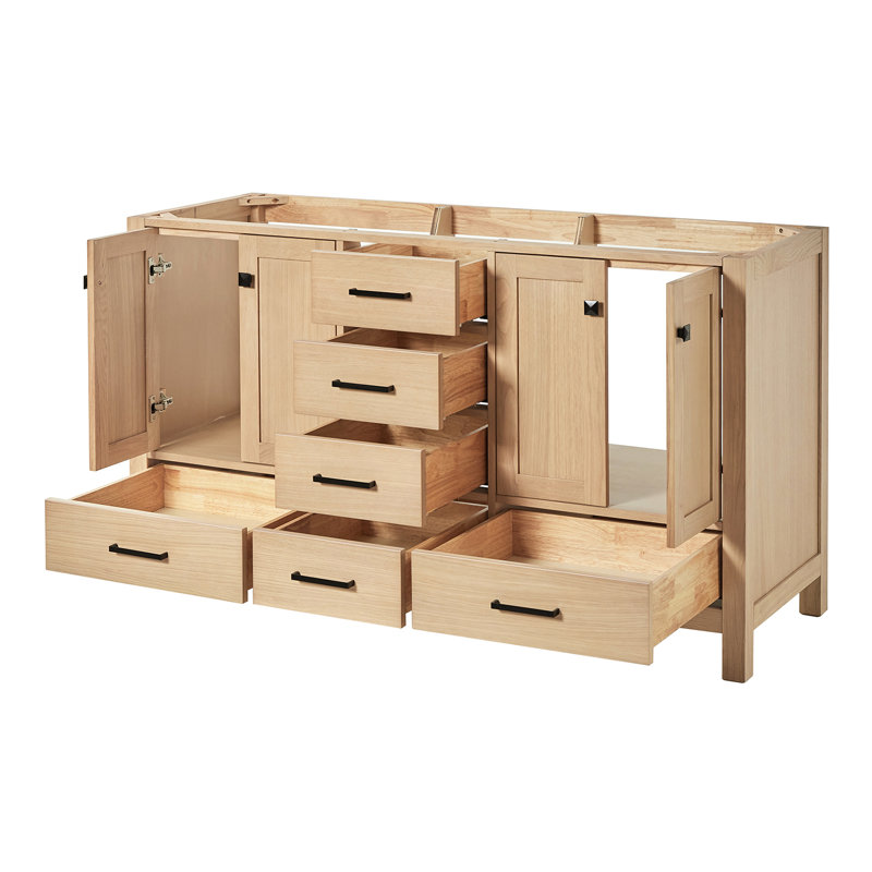 Cambridge 60'' W Double Bathroom Vanity Base, Oak, Matte Black