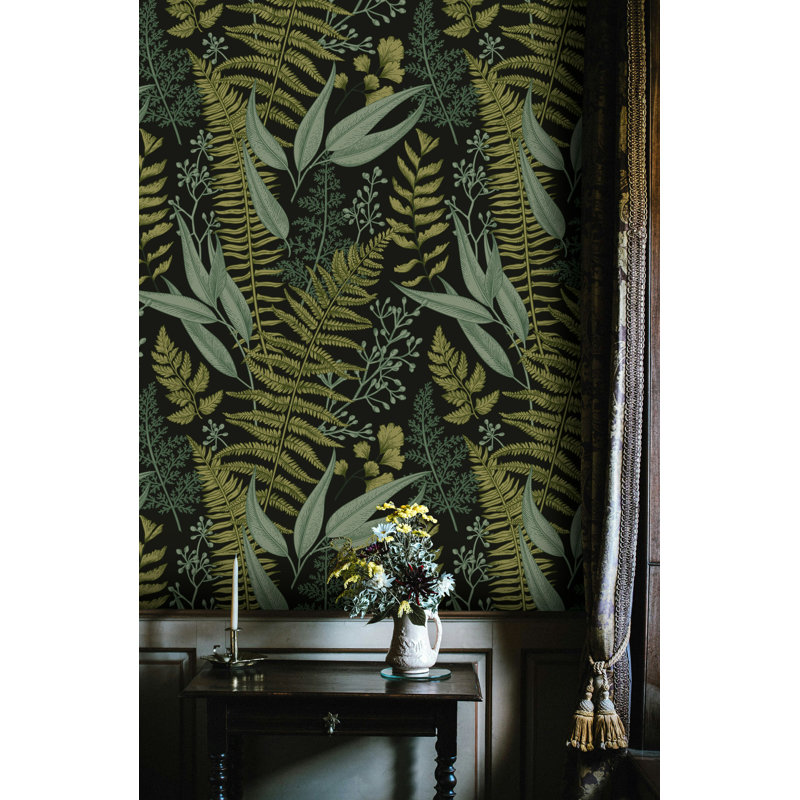 Papier peint fougère botanique foncé, L 106 po x l 187 po