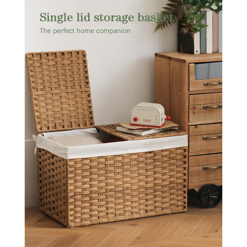 Panier de rangement avec couvercle, en rotin tressé, 2 couvercles séparés, 65 L (17,2 gallons), pliable, 2 sacs de rangement amovibles, poignées, naturel