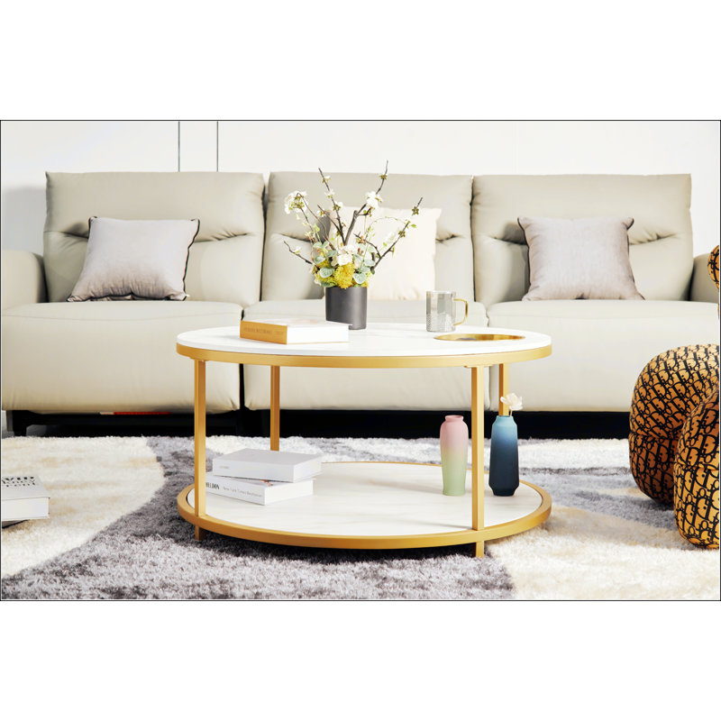 Table basse ronde blanche et dorée avec rangement, mobilier de salon moderne de 34,64 pouces