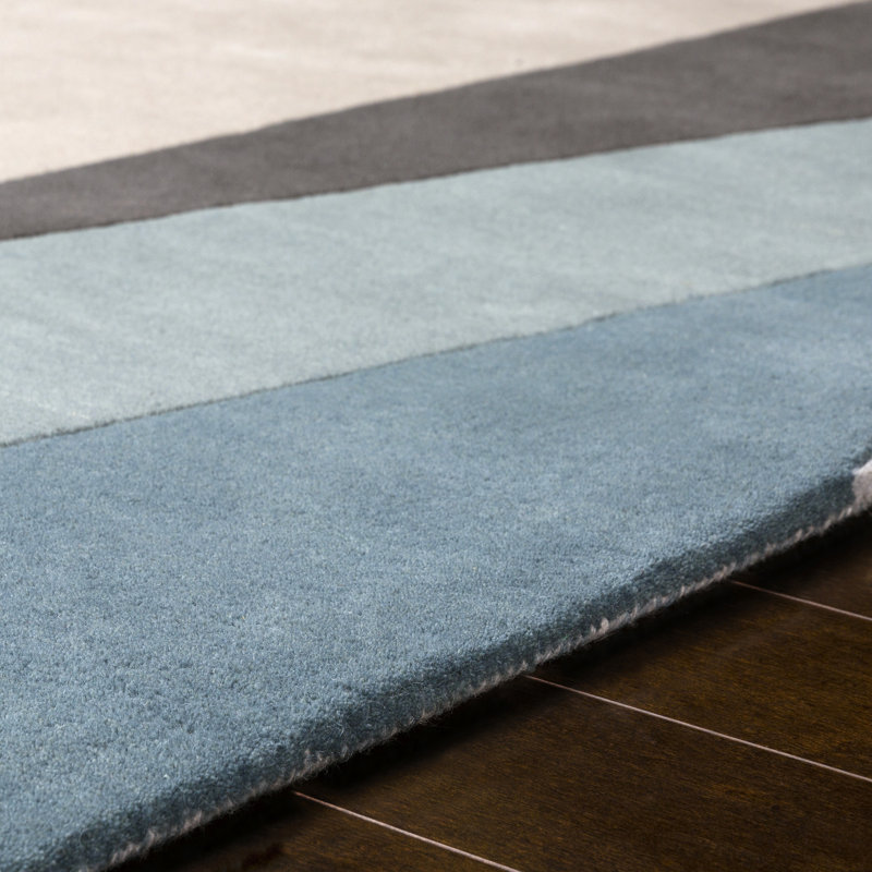 Tapis bleu sarcelle / beige en laine touffeté à la main Jahiem, Tapis de couloir 2 pi 6 po x 8 pi
