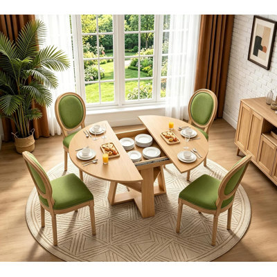 Ensemble de table de salle à manger ronde extensible, table de cuisine extensible de 43 à 59 po en bois naturel avec chaises rembourrées de style français, table de salle à manger ovale extensible peu encombrante avec tablette de rangement