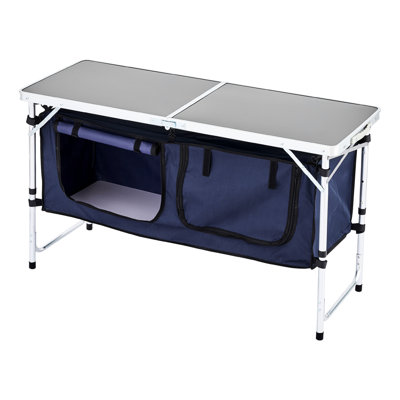 Camping Kitchen Table With 3 Height Adjustments, Aluminum Frame, Blue, Outdoor Cooking, Zippered Storage Solution For Use, Adjustable Levels, Quick Fold, X - Shaped Stability