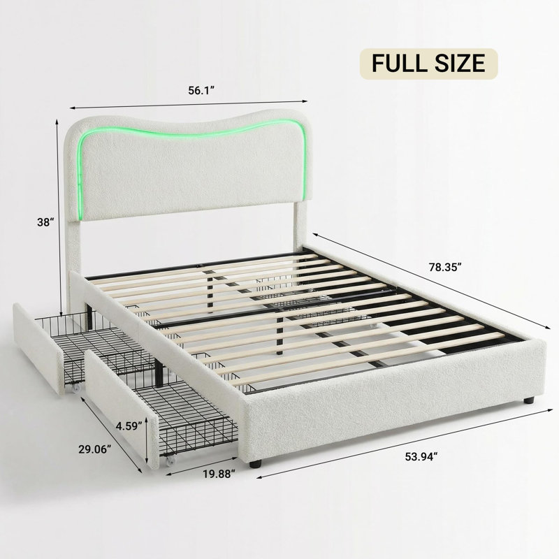 Full Size Boucle Bed Frame Upholstered Platform with 2 Storage Drawers & LED Headboard, Solid Wood Slats Support for Kids, White