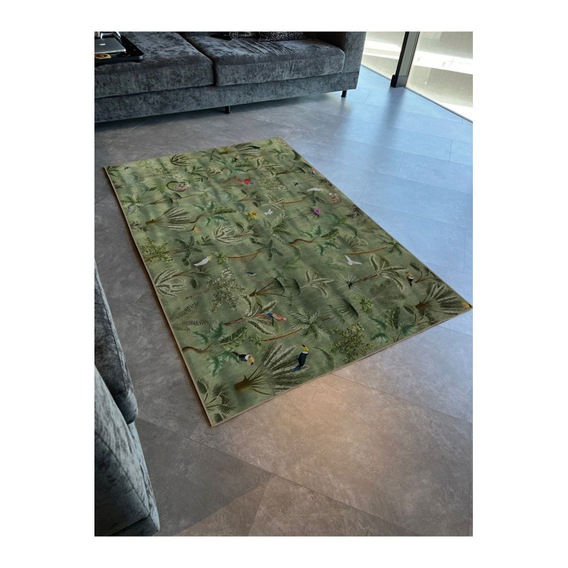 Tapis décoratif moderne à motif d'oiseaux et d'arbres Green Forest, Sous-tapis rectangulaire de 3 pi 3 po x 4 pi 11 po