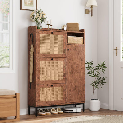 Armoire à chaussures en rotin avec 3 tiroirs rabattables et armoire de rangement à chaussures à 4 niveaux
