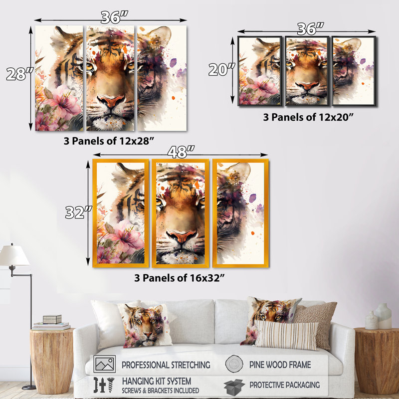 Portrait de tigre avec fleurs I - reproduction de 3 pièces sur toile, H 28 po x l 36 po x P 1 po, Toile tendue