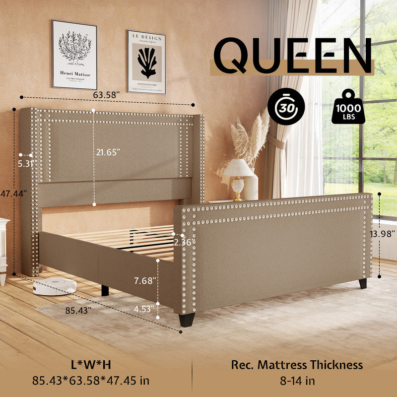 Queen Brown Chenille Upholstered Bed with Nailhead Trim