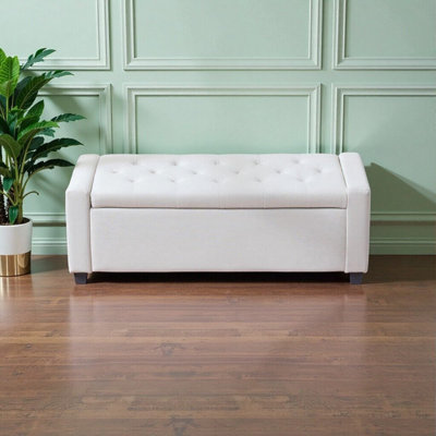 Banc de rangement 48 po en lin beige avec accoudoirs - Repose-pieds spacieux pour la chambre à coucher, le salon et le vestibule