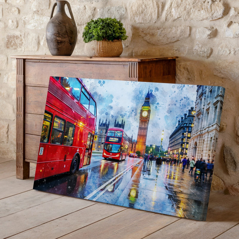Toile «A Vibrant City Scene In London» avec deux bus rouges emblématiques de l'art mural rouge placés au premier plan, art mural reflétant sur toile