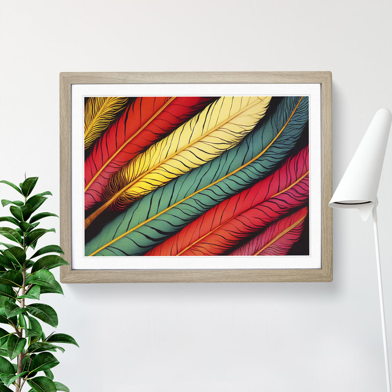 Colourful Bird Feathers Vol.1 - Framed Print, 46cm H x 64cm W x 2cm D, Oak