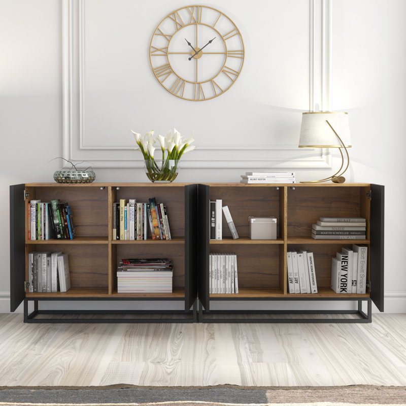 Modern Sideboard with Fluted Fronts & Gold Legs – 200cm Storage Cabinet, Oak/Black