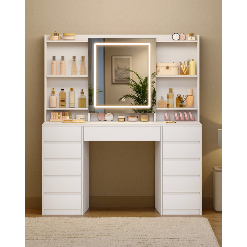 Dressing Table with Lighting, Adjustable Brightness, Vanity Desk with Mirror, Storage Behind the Mirror, Makeup Desk Vanity Table with 11 Drawers, 4 Shelves for Bedroom