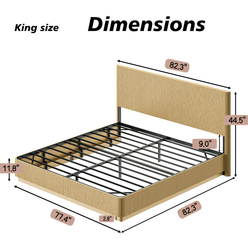 King Size Bed Frame With Led Lights, Modern Wooden Corrugated Curved Lines, Convex Groove Board