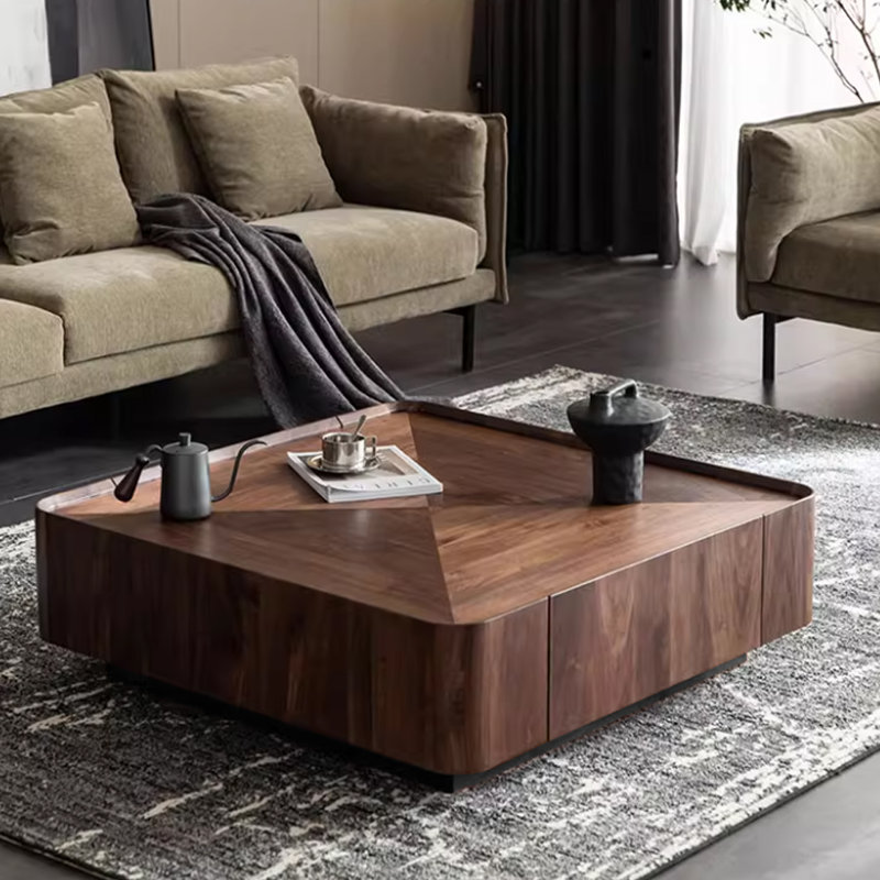 Table basse carrée en noyer massif avec deux tiroirs, H 14,1 po x l 47,2 po x P 47,2 po