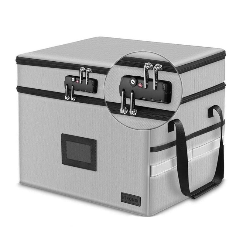 Fireproof Document Box With Lock, 2-Layer File Box Storage Organizer With 5 Tabs& Insert, Portable File Cabinet Storage Box With Handle For Hanging Letter/Legal Size Folder/Certificate, Silver Grey