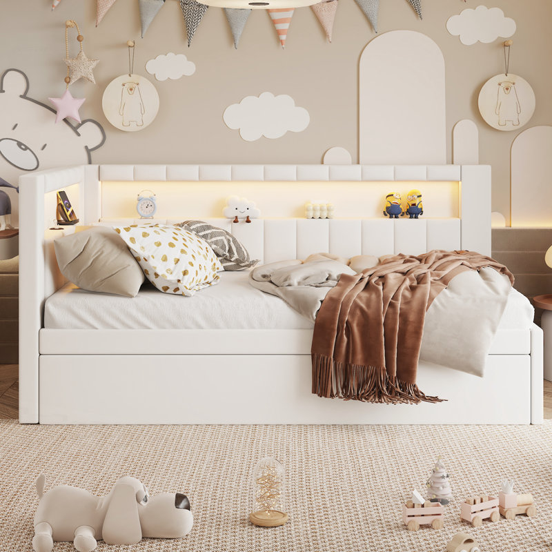 Upholstered Twin Size Platform Bed, White