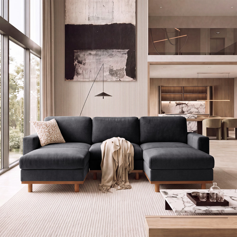 Canapé d'angle moderne Milsap 93,3 po 5 places en forme de U avec 2 poufs, Chenille gris foncé