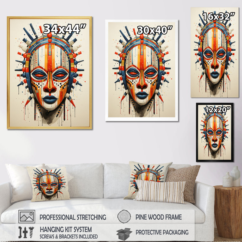 Masque tribal africain Chelese Masai - Tribal africain, reproductions encadrées, H 32 po x l 24 po x P 1 po, Toile tendue