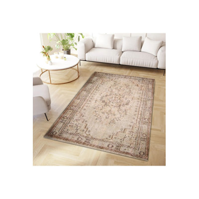 Distressed Look Beige Brown Pattern Woven Base Decorative Machine Washable Area Rug
