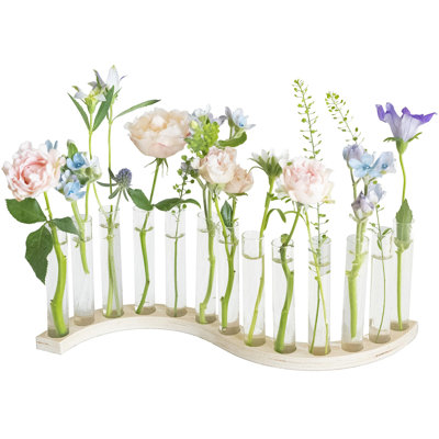 S-Shape Test Tube Vase for Flowers, Small Plant Propagation Station with Solid Beech Wood Stand, (Light Wood)