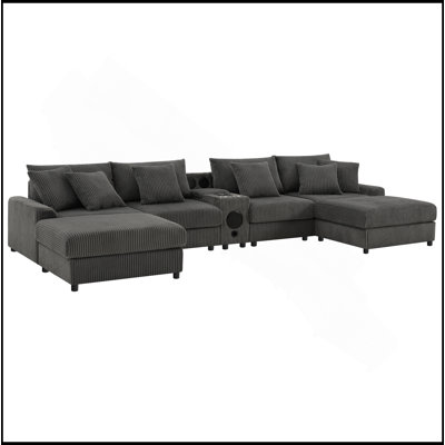 Canapé modulaire 144 * 64 po en velours côtelé avec haut-parleurs Bluetooth, canapé en U avec console, chargeur USB, porte-gobelets, rangement, repose-pieds, canapé à sièges profonds et larges pour salon et appartement