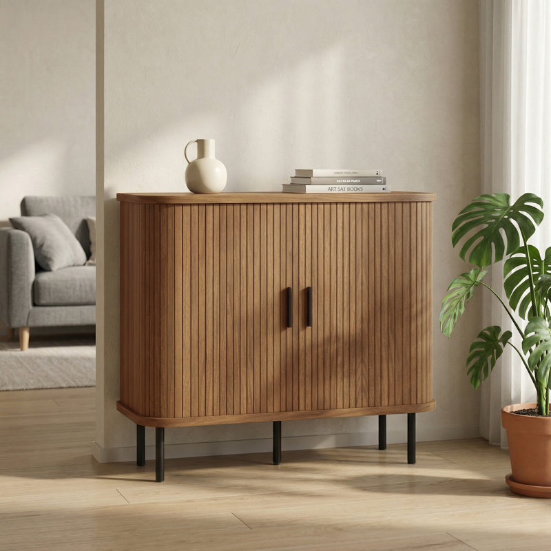 Buffet 35,4 "avec rangement, armoire à café Nordic avec portes à lattes en tambour et pieds en métal, crédence de cuisine, noyer, bois