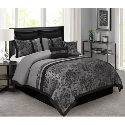 8-Piece Jacquard Floral Patchwork Comforter Set with Bed Skirt, Grey, Queen