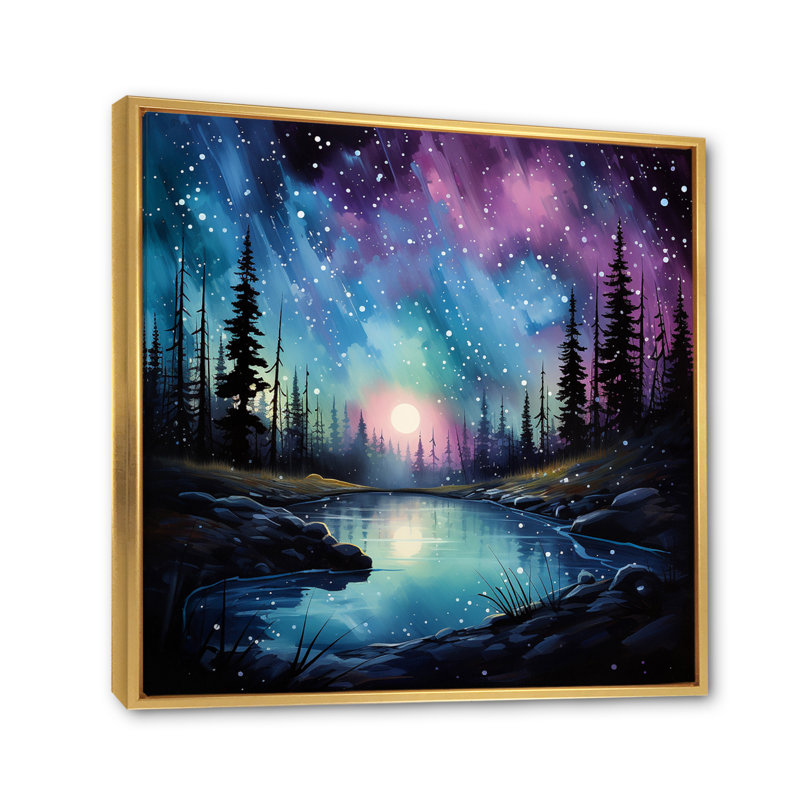 Aurores boréales dansant sur une reproduction sur toile, Cadre flottant doré, H 36 po x l 36 po x P 1,5 po