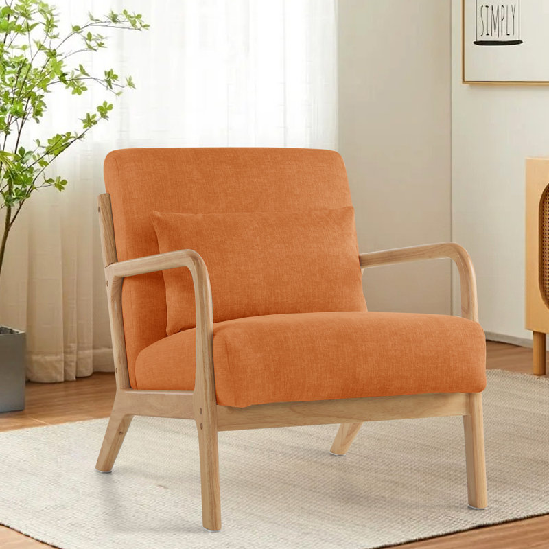 Accent Chair with Pillow Upholstered Mid-Century Chair Living Room Chair for Small Space Solid Wood Frame Reading Chair with Soft and Thick Cushion Armchair for Bedroom Balcony Orange