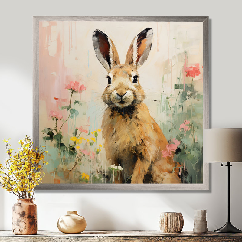 Curious floral rabbit meadow III - Lapin, art mural, H 36 po x l 36 po x P 1,5 po, Cadre simple argenté